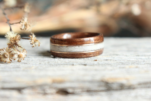 (In-Stock) Antique Walnut w/Elk and Double Rose Gold - Size 6.5/6 mm Wide