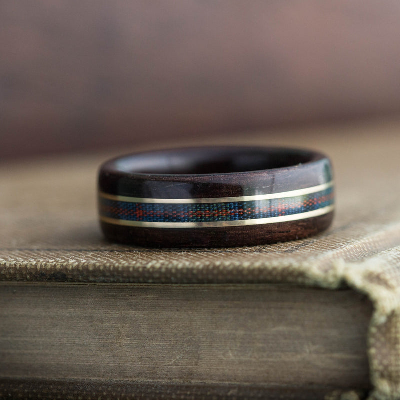 (In Stock) Scots-Irish Tartan Ring -  Rosewood with Center Flower of Scotland Tartan & Dual Yellow Gold Inlays  Size 8.75/9mm