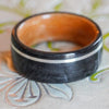 Weathered Whiskey Barrel & Black Cherry Wood Wedding Ring with Offset Sterling Silver Inlay