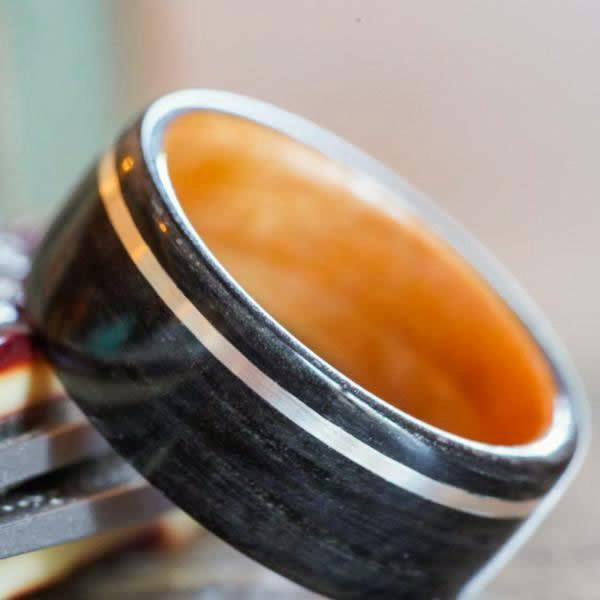 Weathered Whiskey Barrel & Black Cherry Wood Wedding Ring with Offset Sterling Silver Inlay