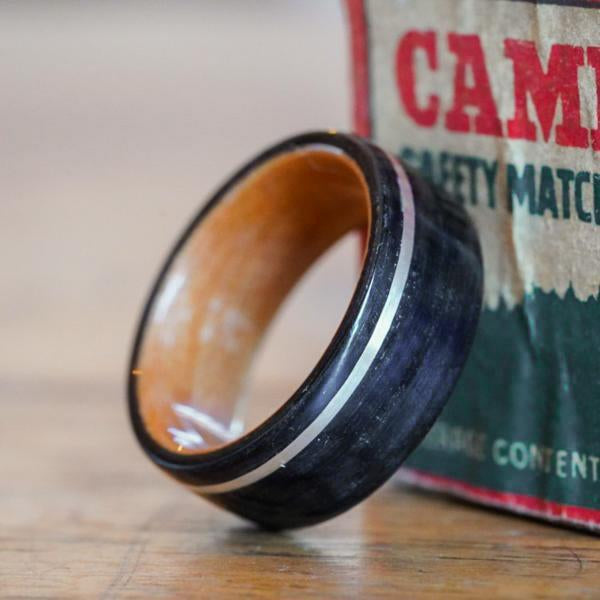 Weathered Whiskey Barrel & Black Cherry Wood Wedding Ring with Offset Sterling Silver Inlay