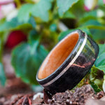 Weathered Whiskey Barrel & Black Cherry Wood Wedding Ring with Offset Sterling Silver Inlay