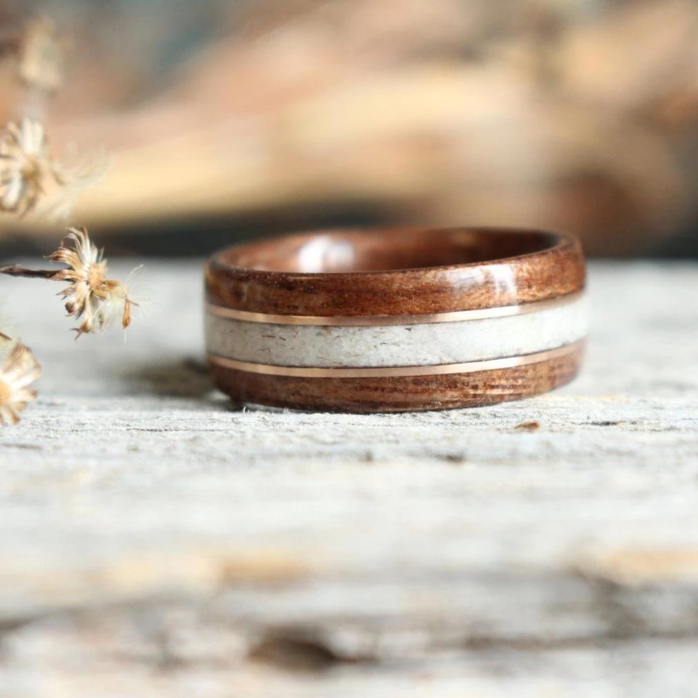 In-Stock Ring - (In-Stock) Antique Walnut W/Elk And Double Rose Gold - Size 6.5/5.5 Mm Wide