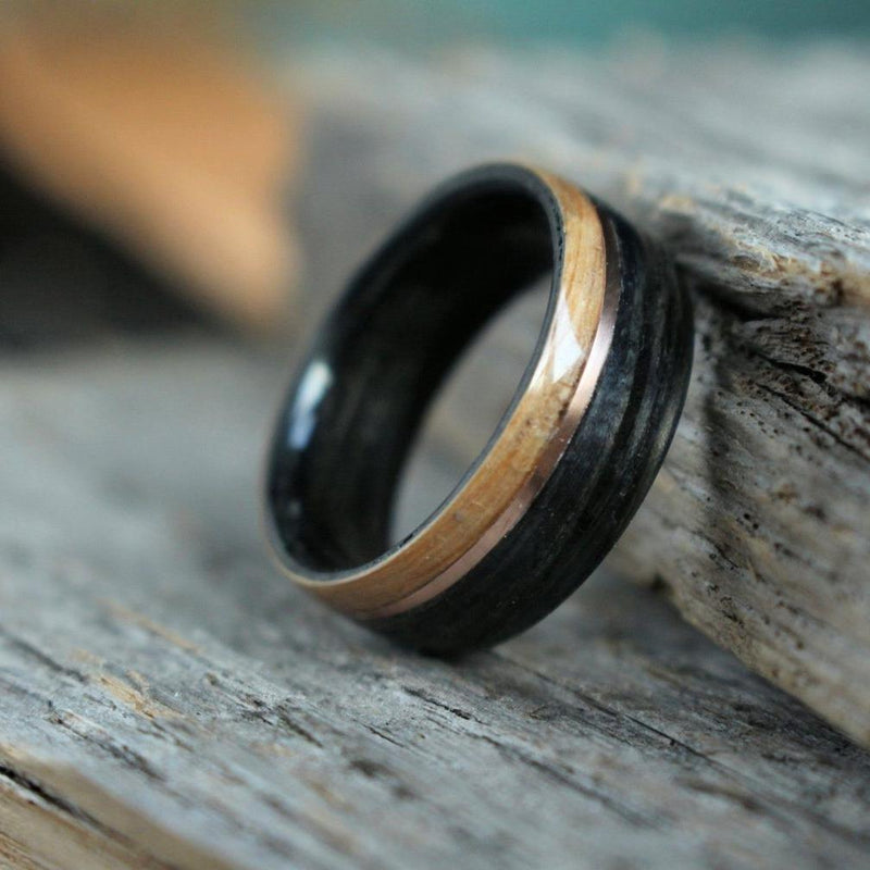 Rings - Offset Whiskey Double Ring - Weathered Whiskey Barrel With Offset Rose Gold & Natural Whiskey Barrel Edge