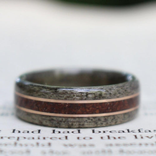 Rings - Weathered Maple Wood Wedding Ring With 1950s Coffee Inlay And Dual Bronze Inlays