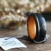 Rings - Weathered Whiskey Barrel & Black Cherry Wood Wedding Ring With Offset Sterling Silver Inlay