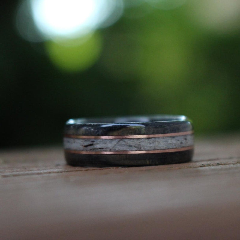 Rings - Weathered Whiskey Barrel Wood Wedding Ring With Elk Antler And Double Gold Inlays