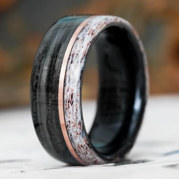 Rings - Weathered Whiskey Barrel Wood Wedding Ring With Elk Antler Edge And Offset Gold Inlay