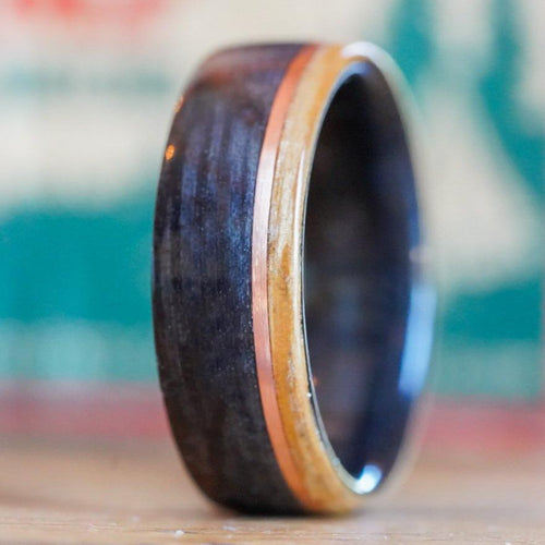 Rings - Weathered Whiskey Barrel Wood Wedding Ring With Offset Rose Gold & Natural Whiskey Barrel Edge